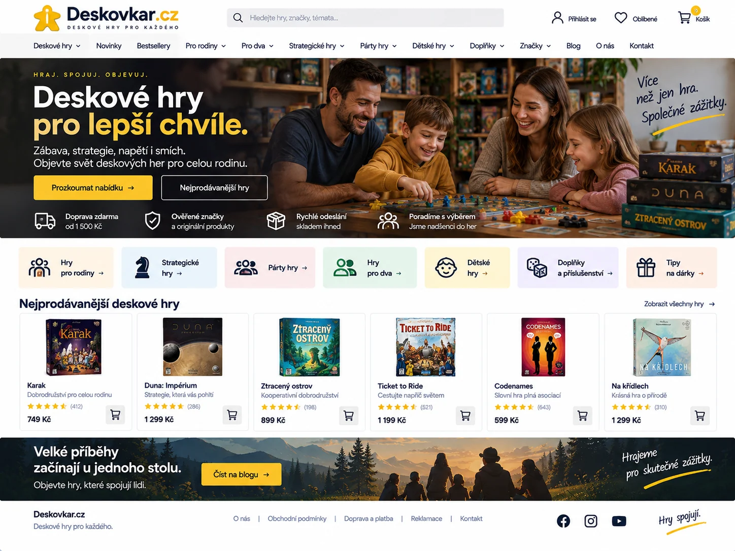 Ilustrační návrh e-shopu Deskovkar.cz s rodinným hraním a nabídkou deskových her